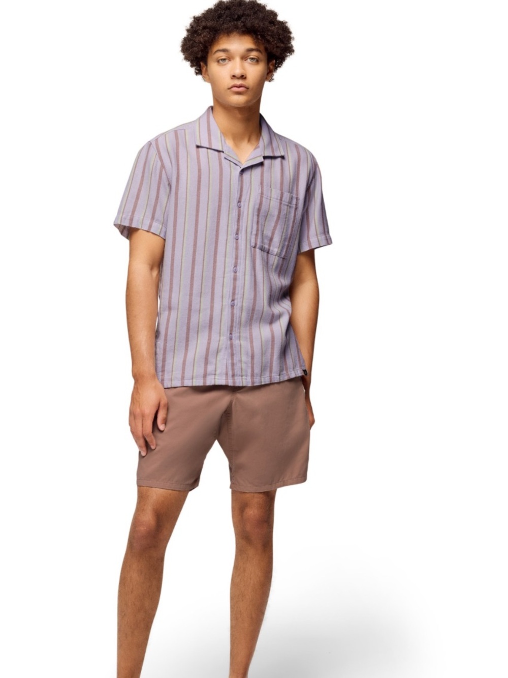 Prana Men's Short-Sleeve Striped Camp Shirt in Lavender , Lime and Brown